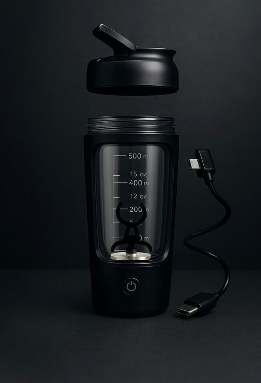 Mixerade black smart protein shaker bottle with USB C cable on a dark premium background
